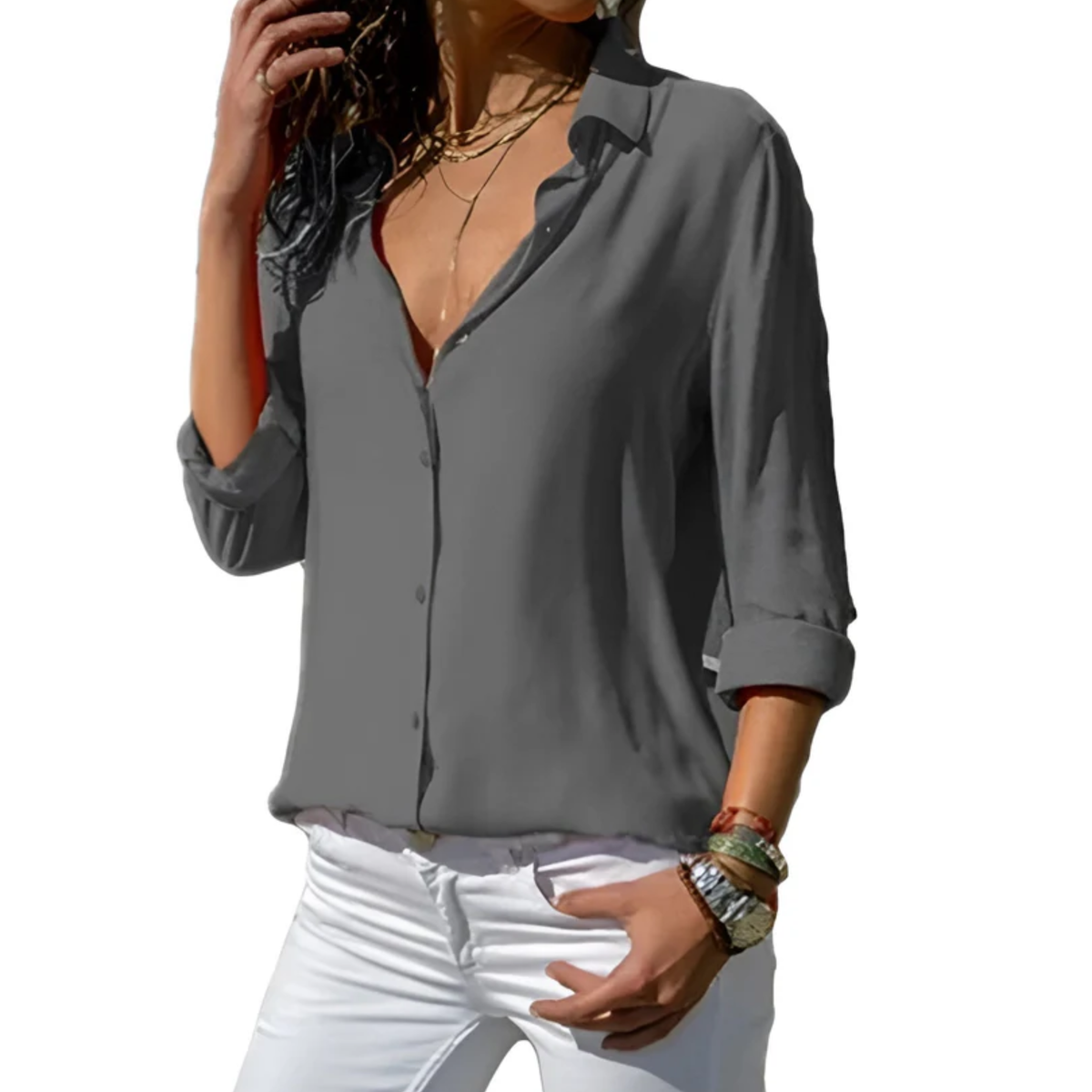 Women's Fluid V-Neck Shirt – Buttoned Long Sleeves