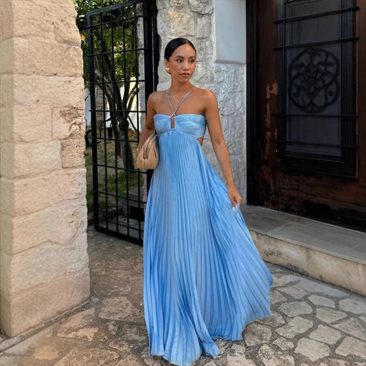 Women's Halter Pleated Maxi Dress – Tie Open Back