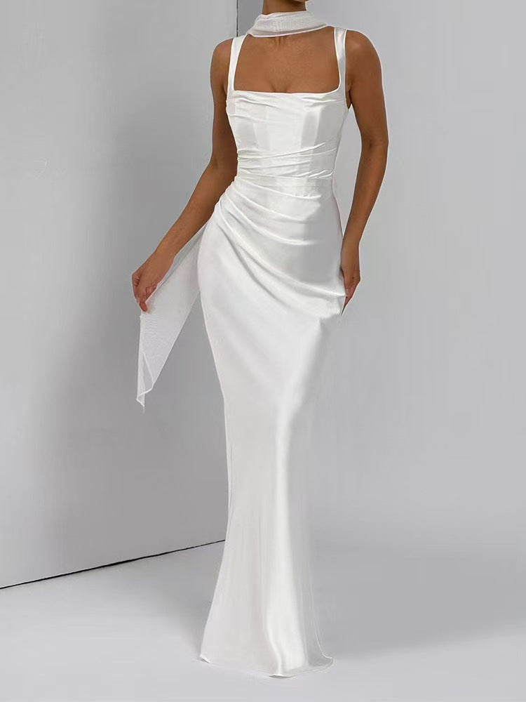 Women's Satin Maxi Dress – Draped Waist Detail