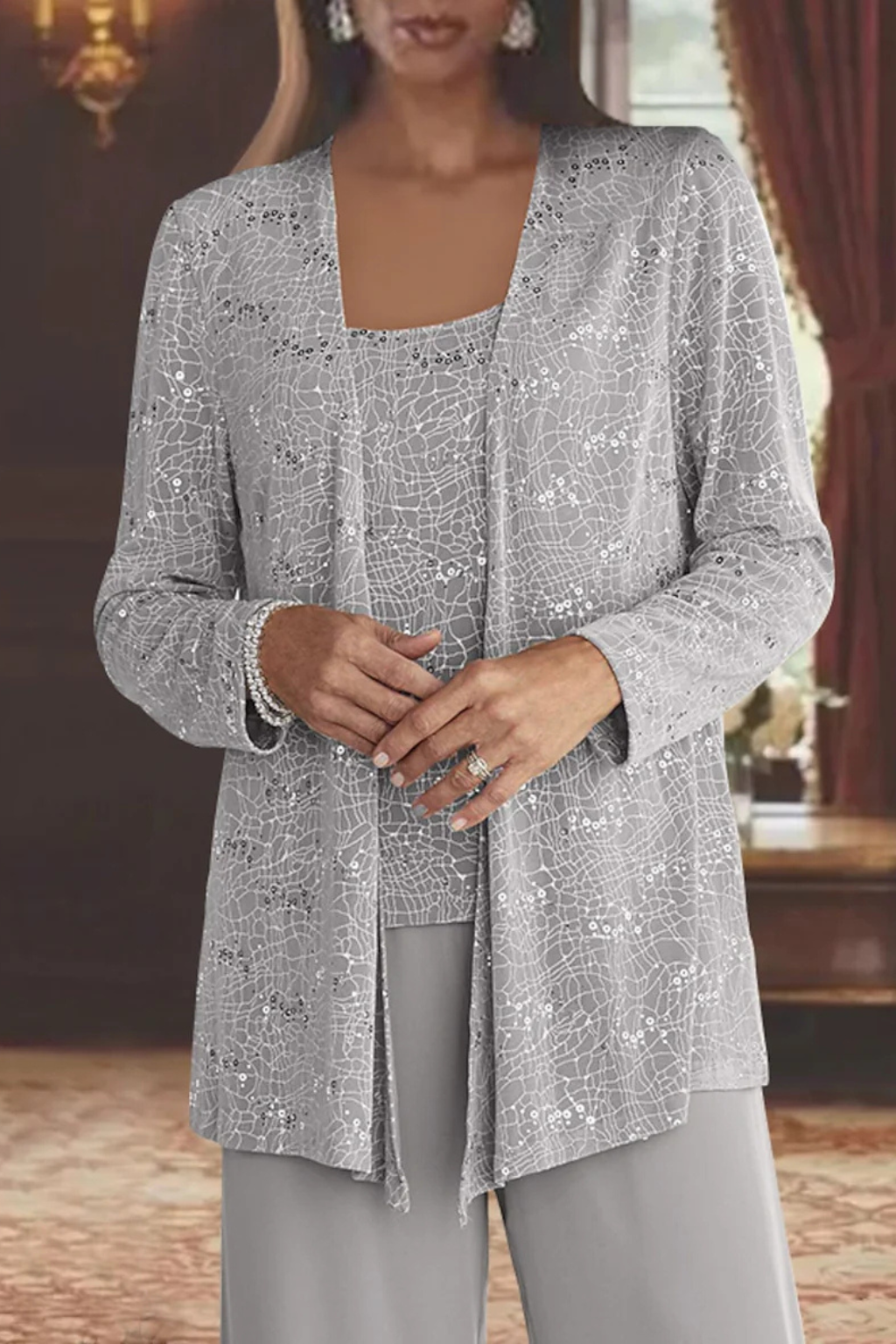 Women's Sequin Lace Suit Set – Three-Piece Wide-Leg
