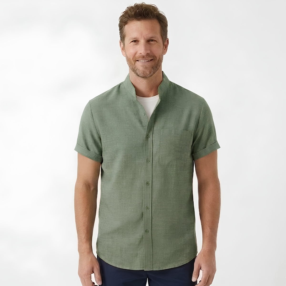 Men's Short-Sleeve Cotton-Linen Shirt – Mandarin Collar