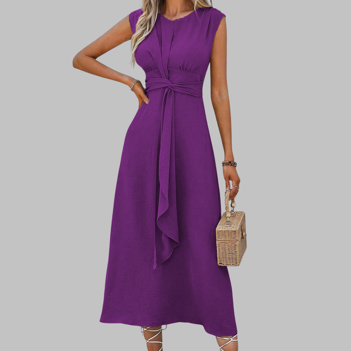 Women's Sleeveless Midi Dress – Crew Neck Tie Waist