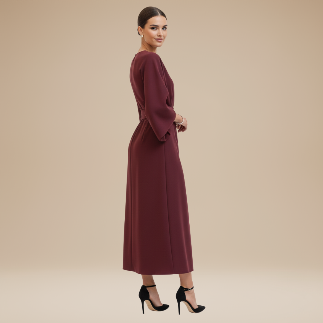 Women's Belted Wrap Midi Dress – Wide Flowing Sleeves