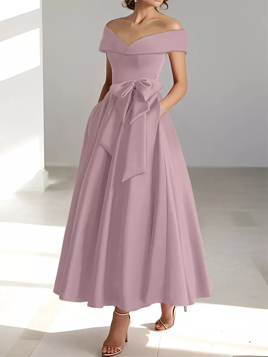 Women's Satin A-Line Dress – Off-Shoulder Ankle Length