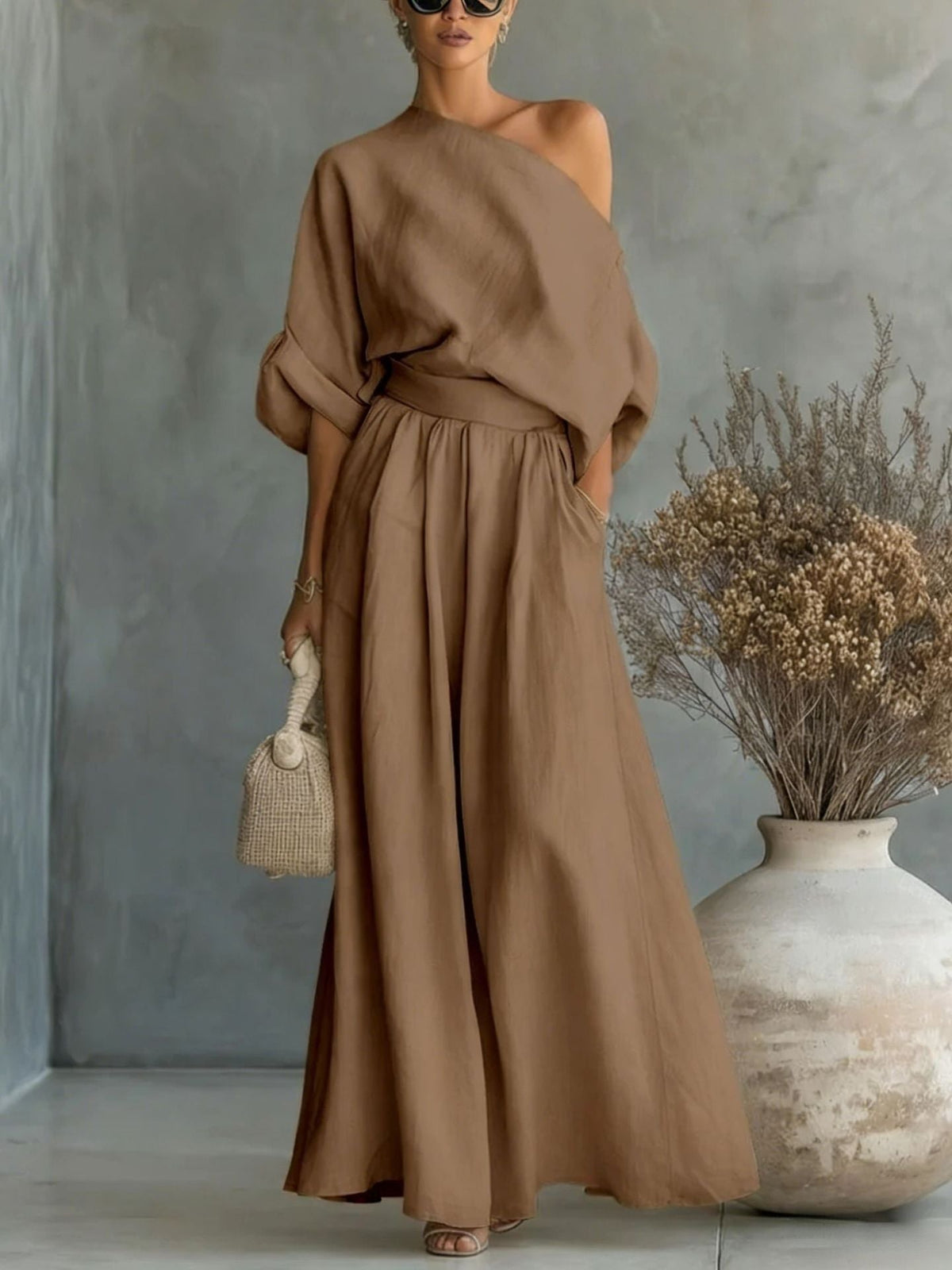 Women's Linen Two-Piece Set – Draped Blouse & Wide-Leg Pants