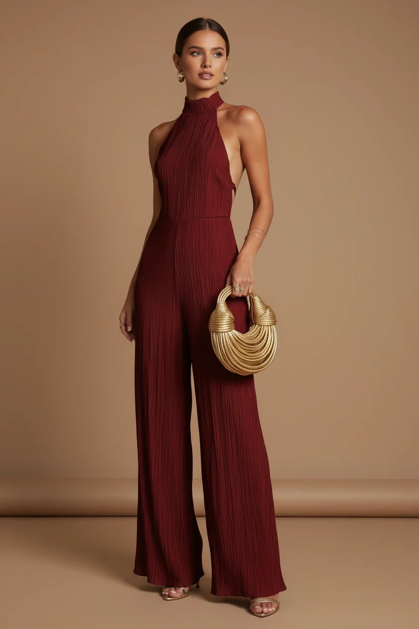 Women's Pleated Two-Piece Set – One-Shoulder Top and Wide Pants