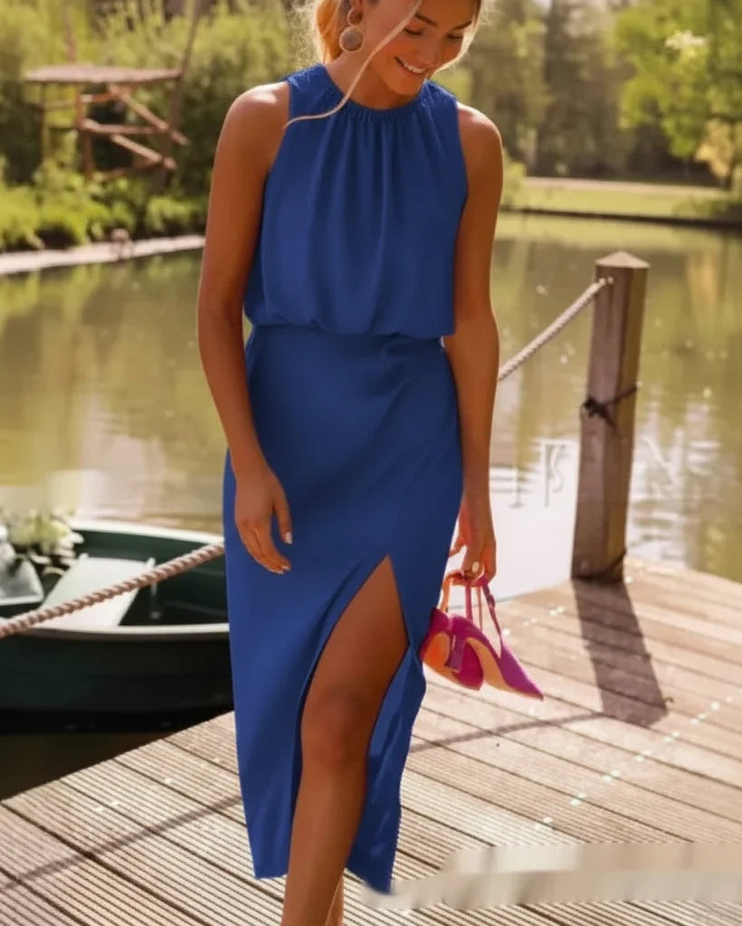 Women's High-Neck Midi Dress – Side Slit Relaxed Fit