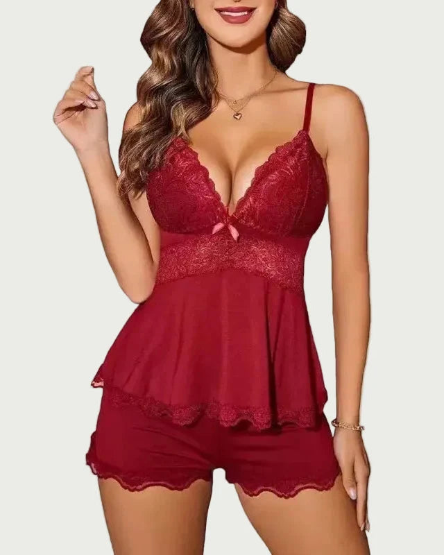 Women's Lace-Trim Cami and Shorts Set – Deep V-Neck