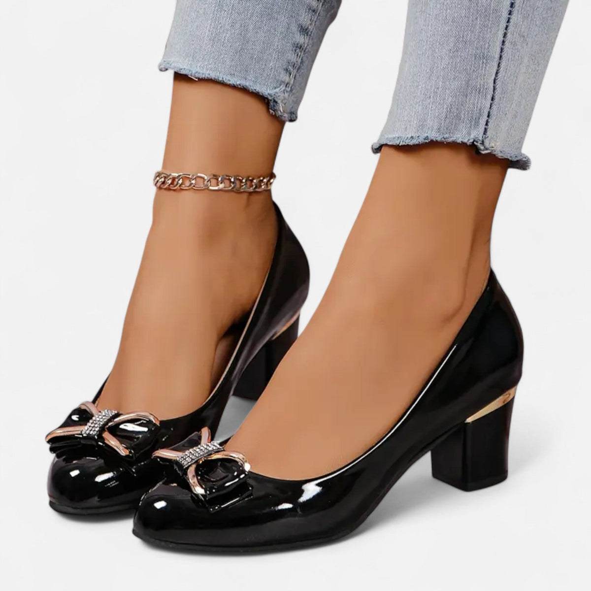 Women's Patent Block Heels – Bow Detail Round Toe