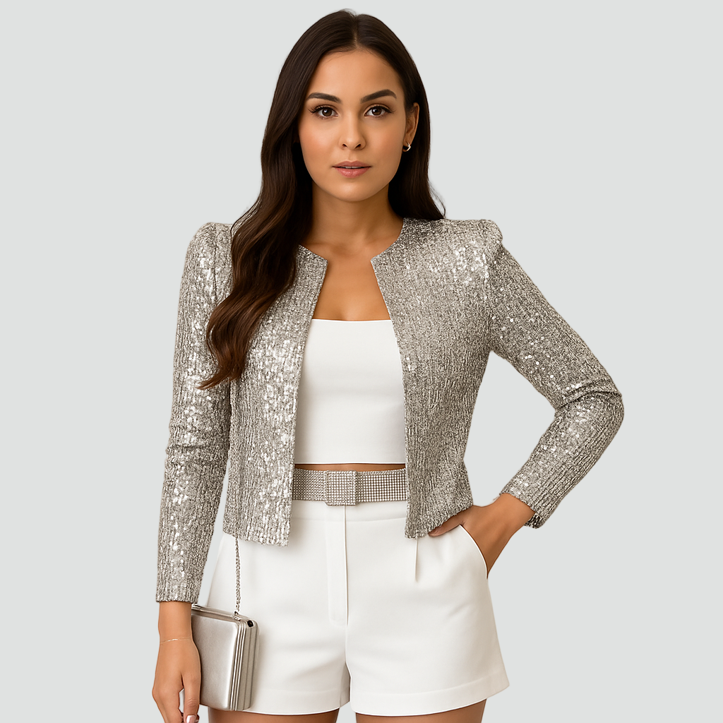 Women's Sequin Cropped Blazer – Open-Front Structured Fit