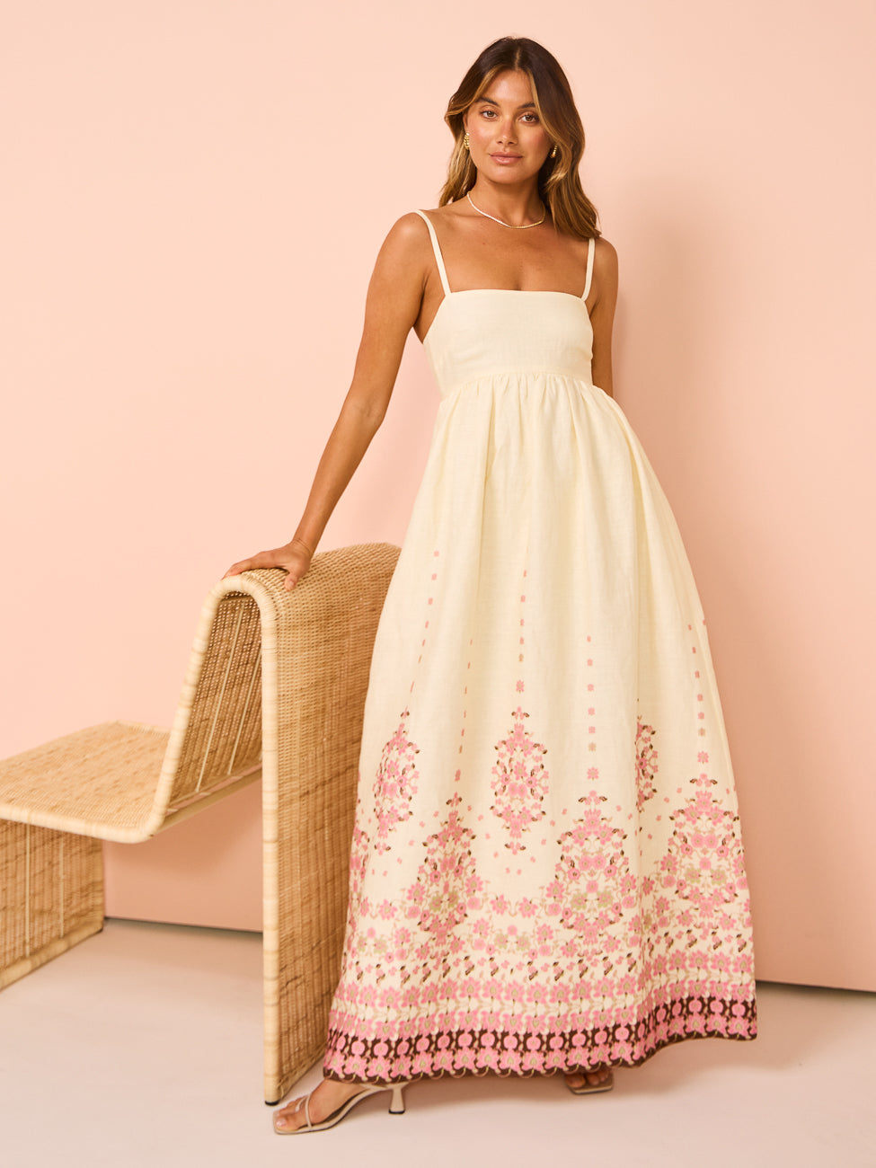 Women's Floral Maxi Dress – Straight Neckline, Pockets