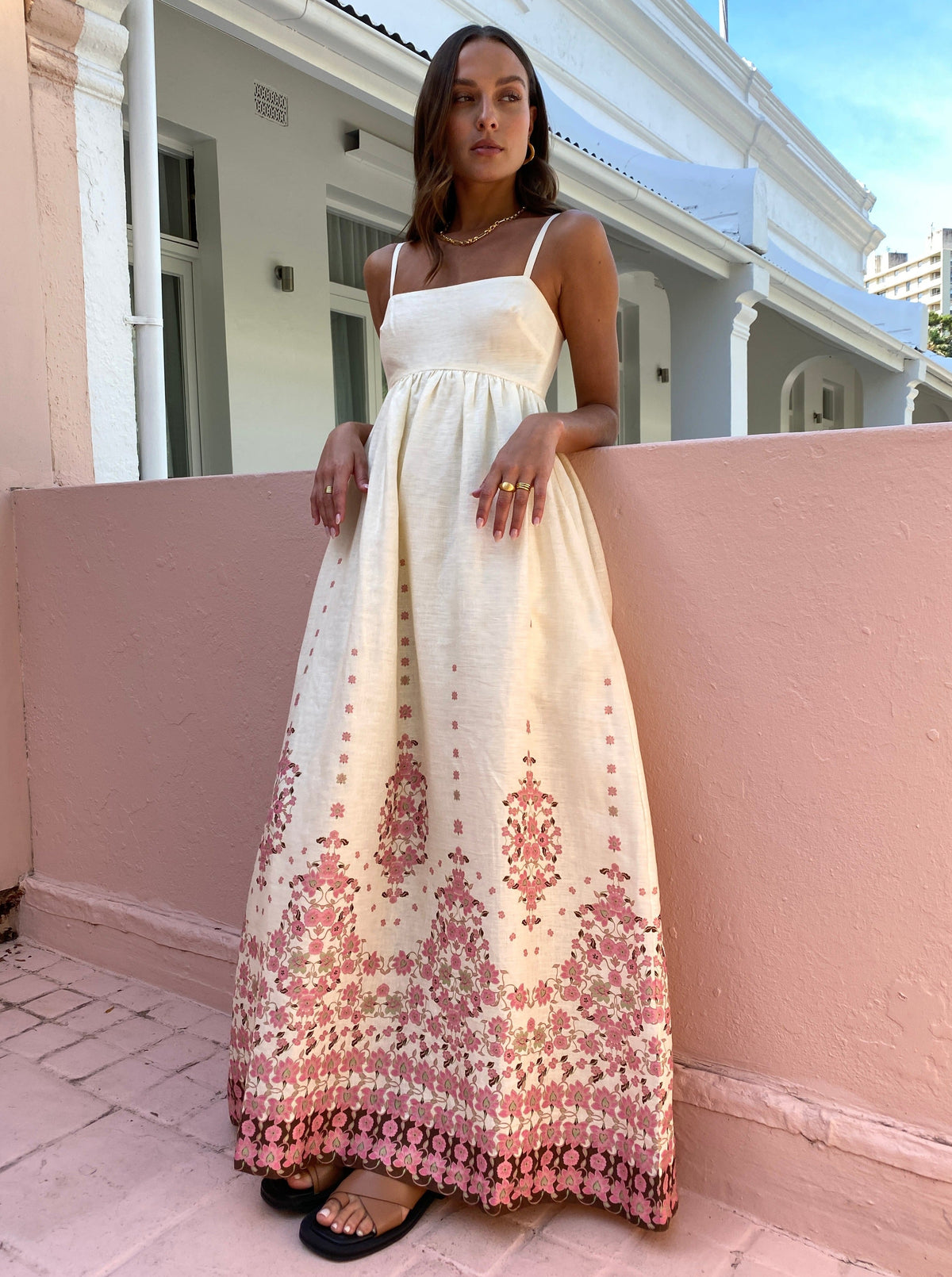 Women's Floral Maxi Dress – Straight Neckline, Pockets