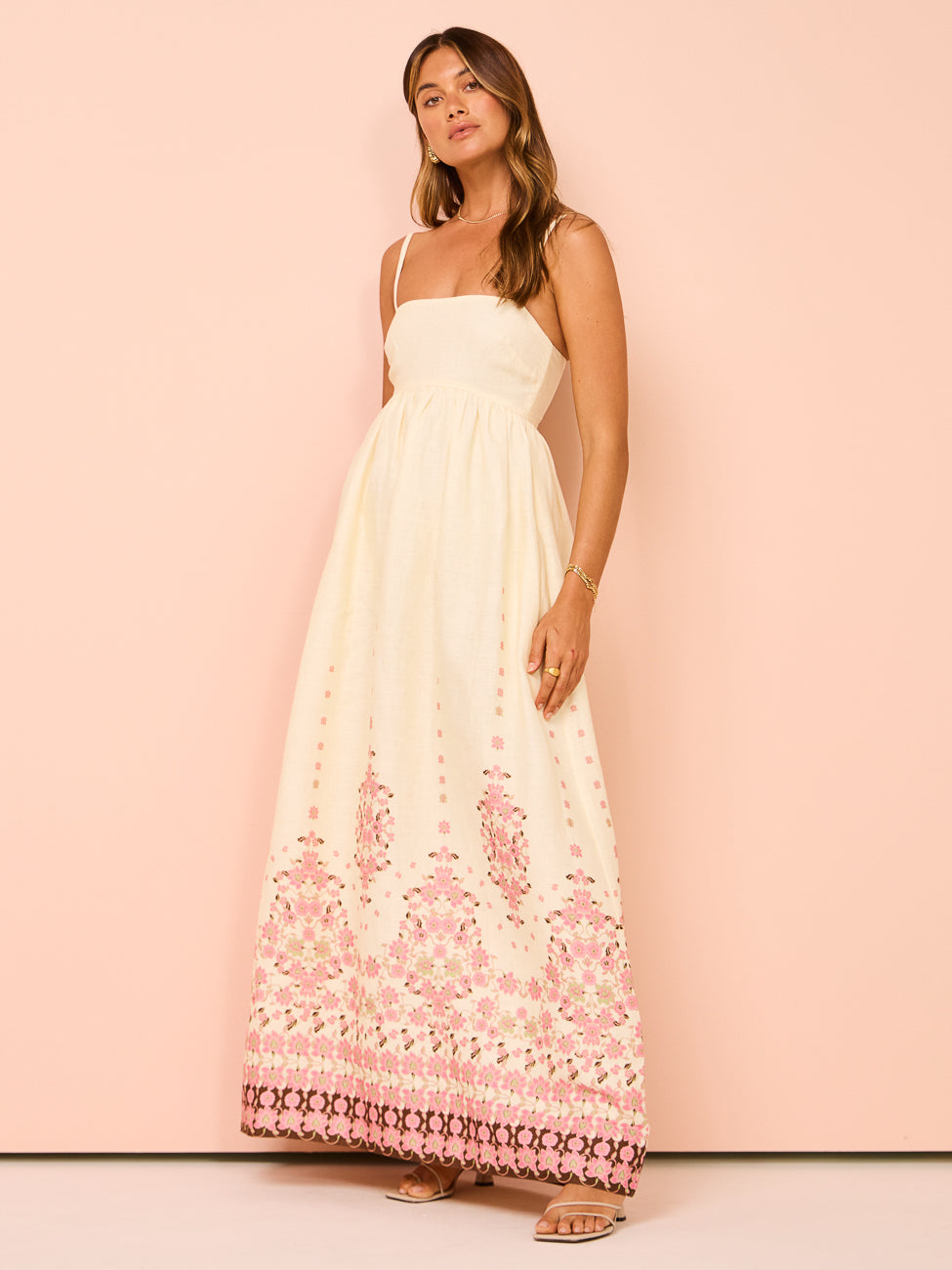 Women's Floral Maxi Dress – Straight Neckline, Pockets