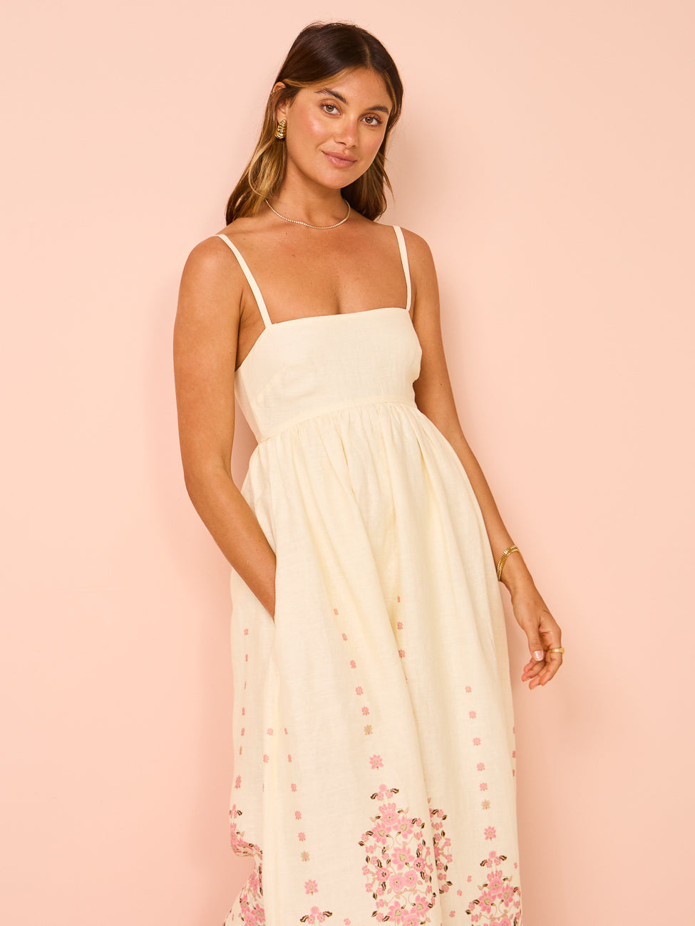 Women's Floral Maxi Dress – Straight Neckline, Pockets