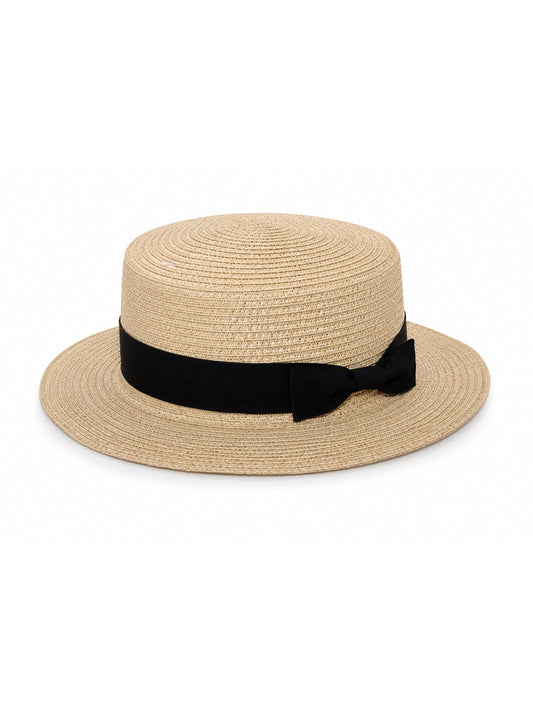 Women's Straw Boater Hat – Flat Crown with Ribbon