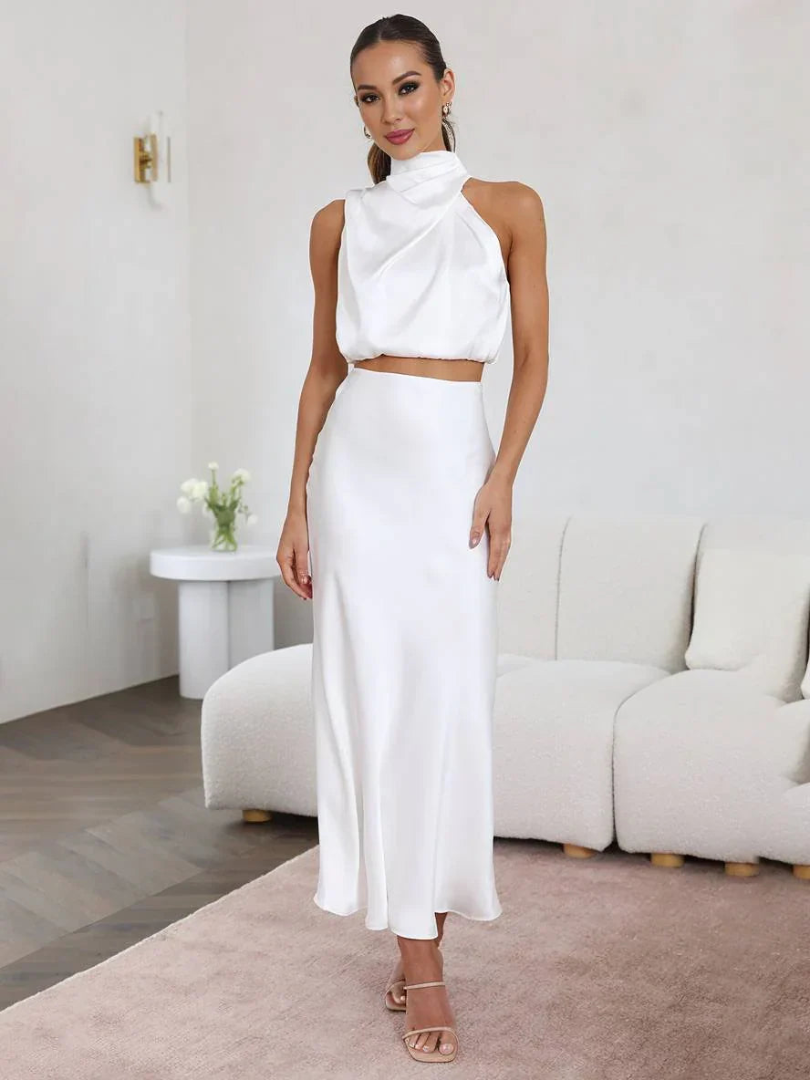 Women's Halter Top & Maxi Skirt Set – Draped Open Back
