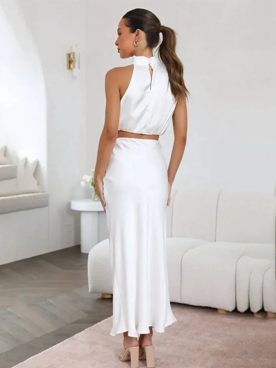 Women's Halter Top & Maxi Skirt Set – Draped Open Back