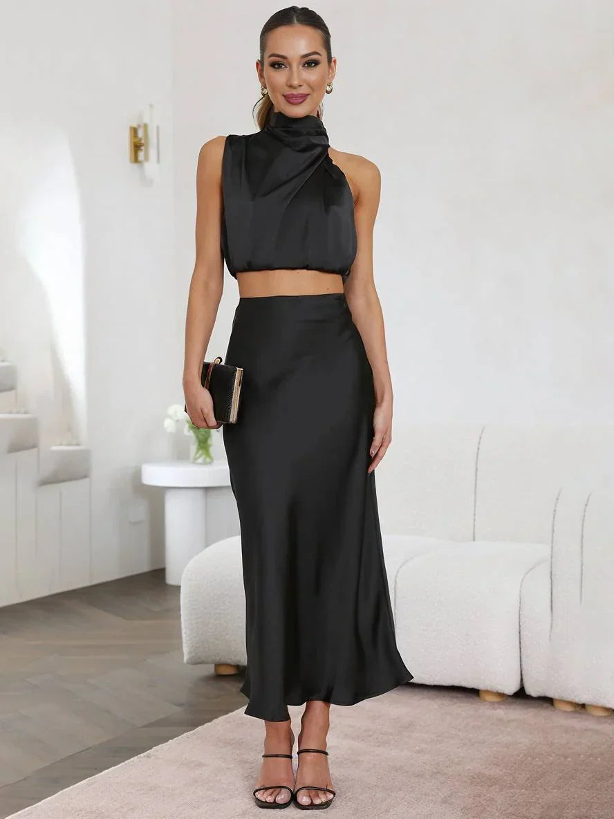 Women's Halter Top & Maxi Skirt Set – Draped Open Back