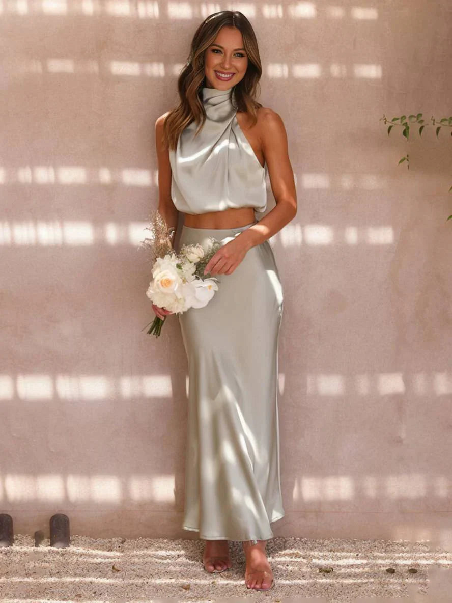 Women's Halter Top & Maxi Skirt Set – Draped Open Back