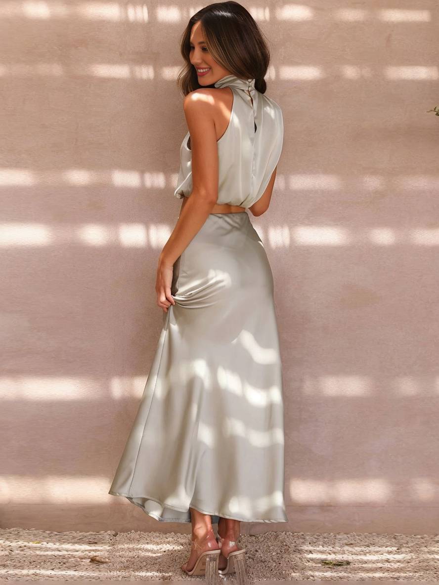 Women's Halter Top & Maxi Skirt Set – Draped Open Back