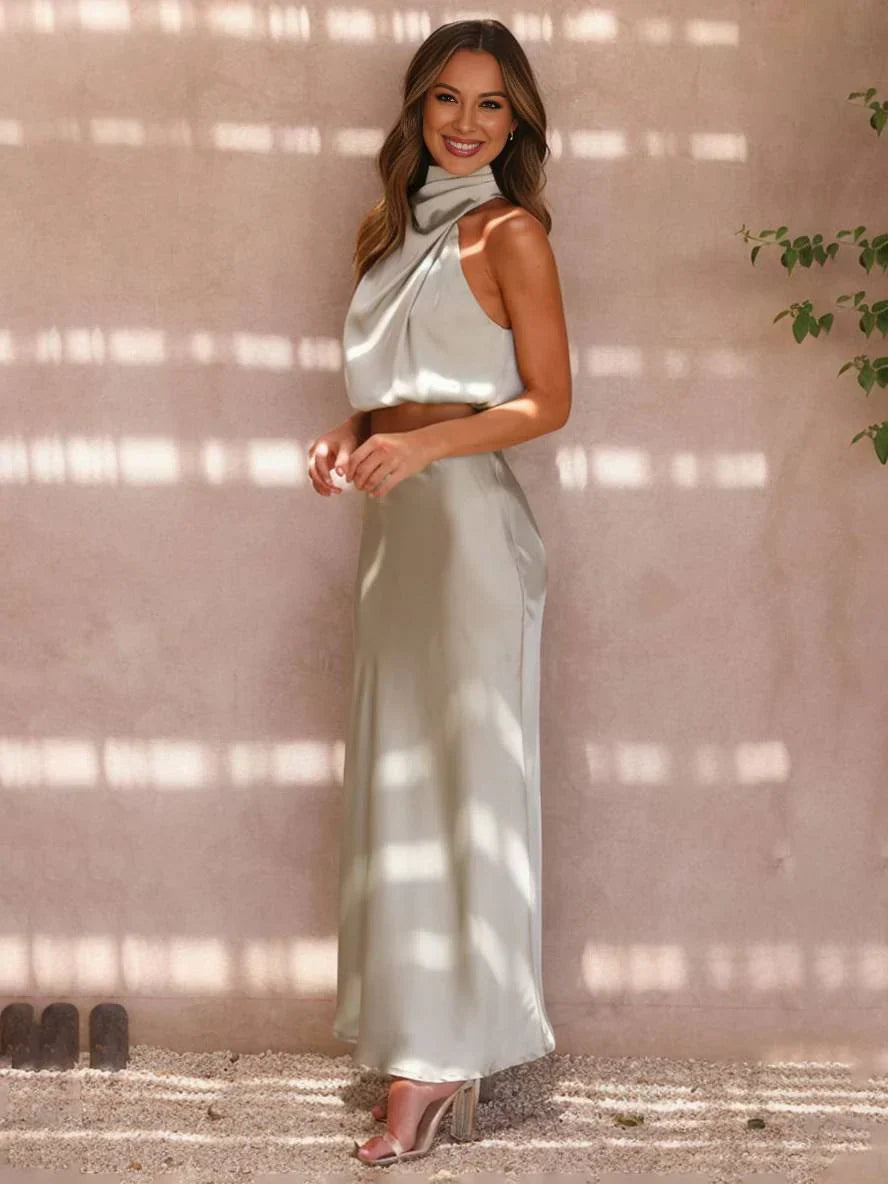 Women's Halter Top & Maxi Skirt Set – Draped Open Back