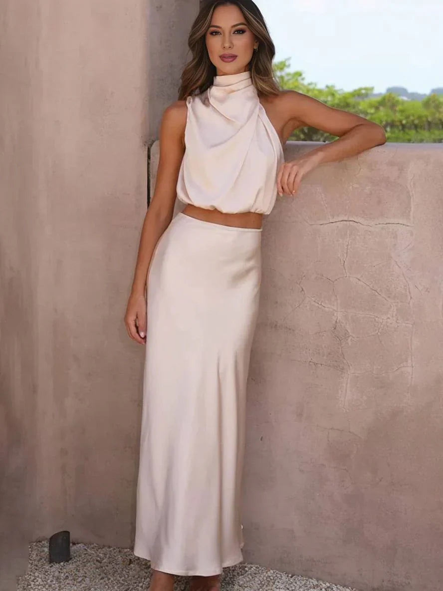 Women's Halter Top & Maxi Skirt Set – Draped Open Back