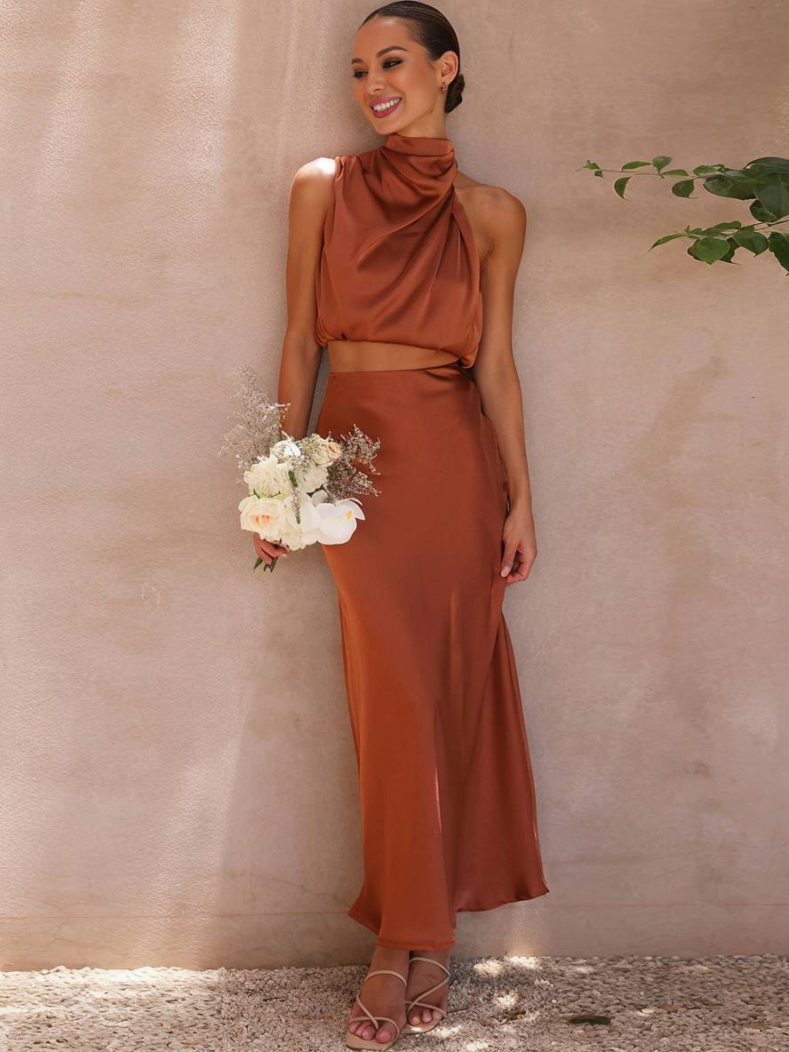 Women's Halter Top & Maxi Skirt Set – Draped Open Back