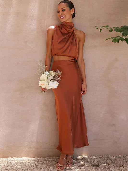 Women's Halter Top & Maxi Skirt Set – Draped Open Back