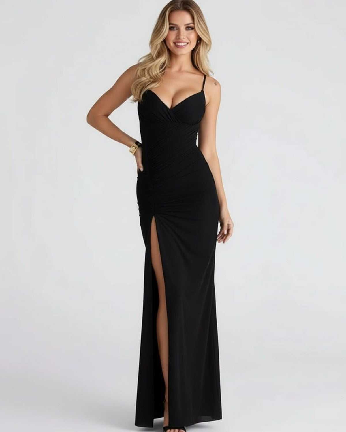 Women's Strapless Maxi Dress – V-Neck High Side Slit
