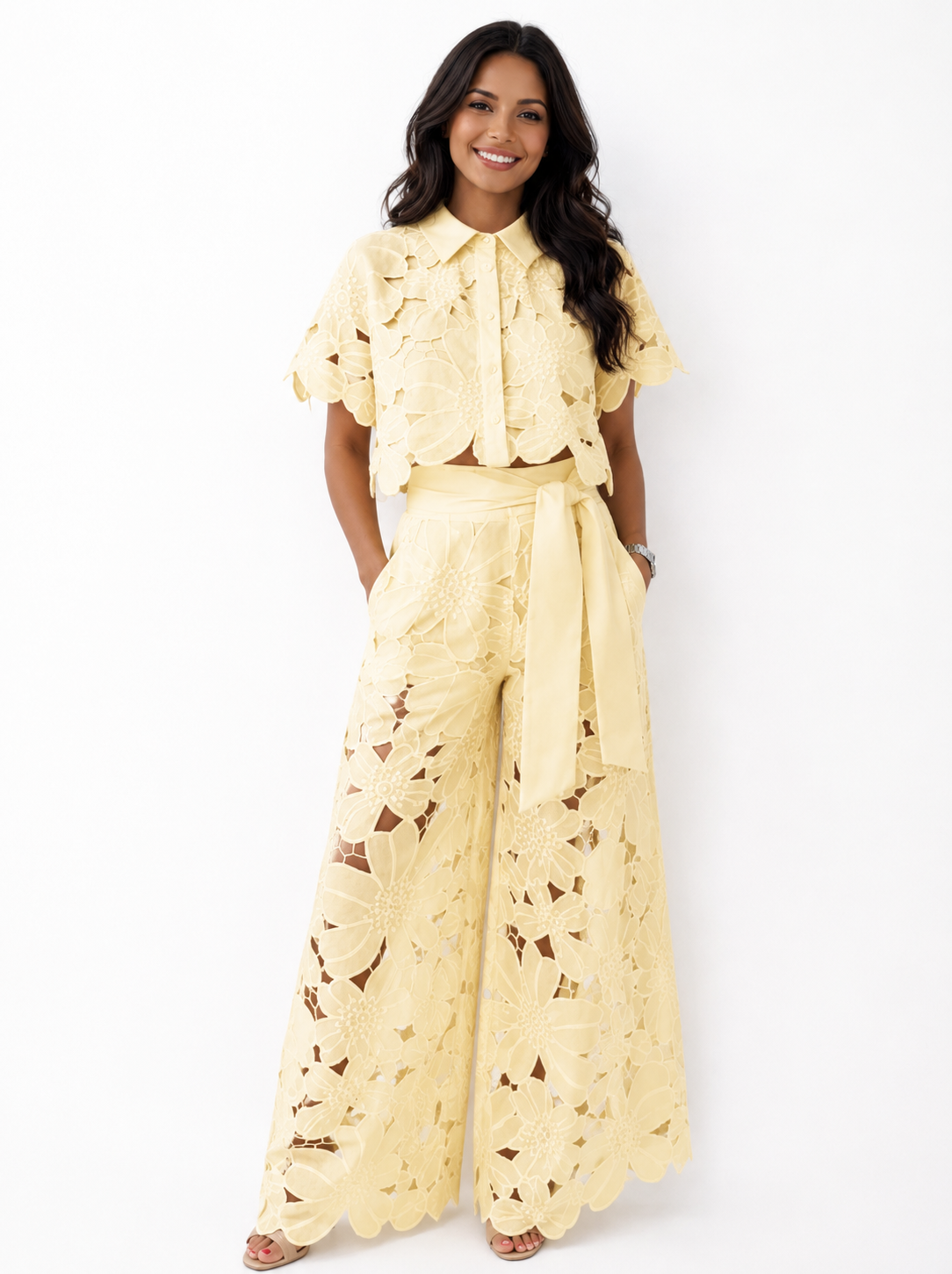 Women's Floral Lace Two-Piece Set – Tie-Waist Wide-Leg Pants