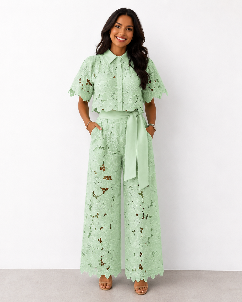 Women's Floral Lace Two-Piece Set – Tie-Waist Wide-Leg Pants