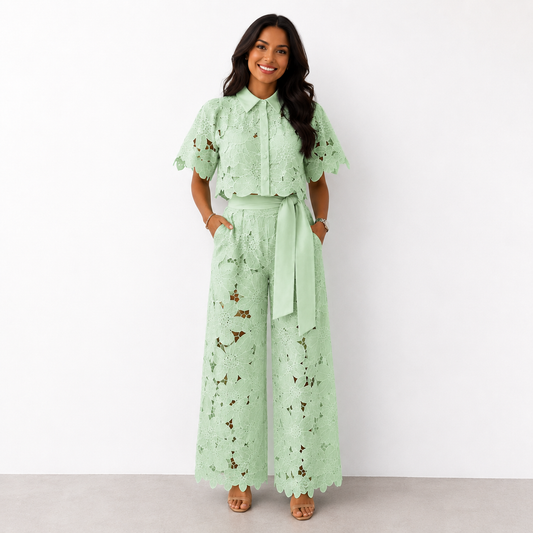 Women's Floral Lace Two-Piece Set – Collared Shirt & Wide Pants
