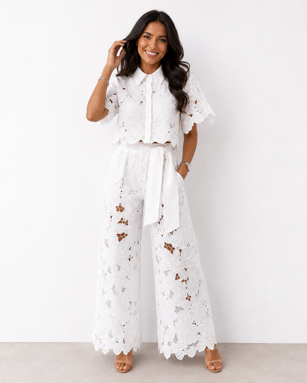 Women's Floral Lace Two-Piece Set – Tie-Waist Wide-Leg Pants