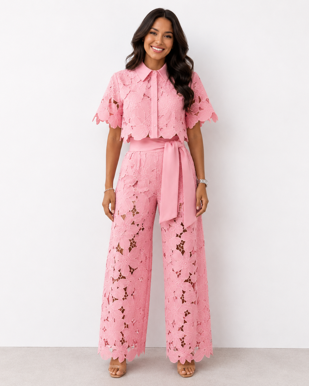 Women's Floral Lace Two-Piece Set – Tie-Waist Wide-Leg Pants