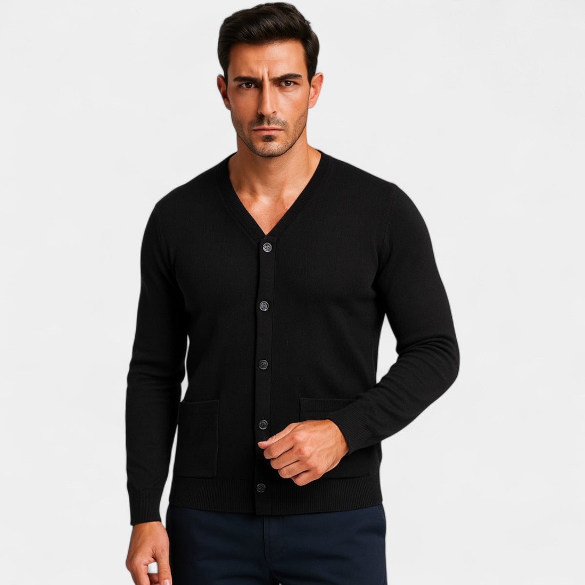 Men's V-Neck Wool-Blend Cardigan – Tailored Layering Fit