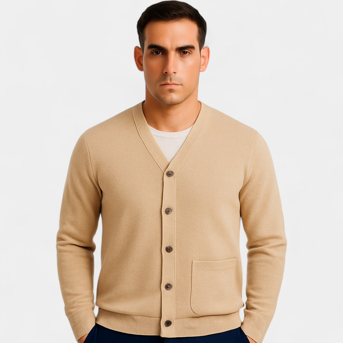 Men's V-Neck Wool-Blend Cardigan – Tailored Layering Fit
