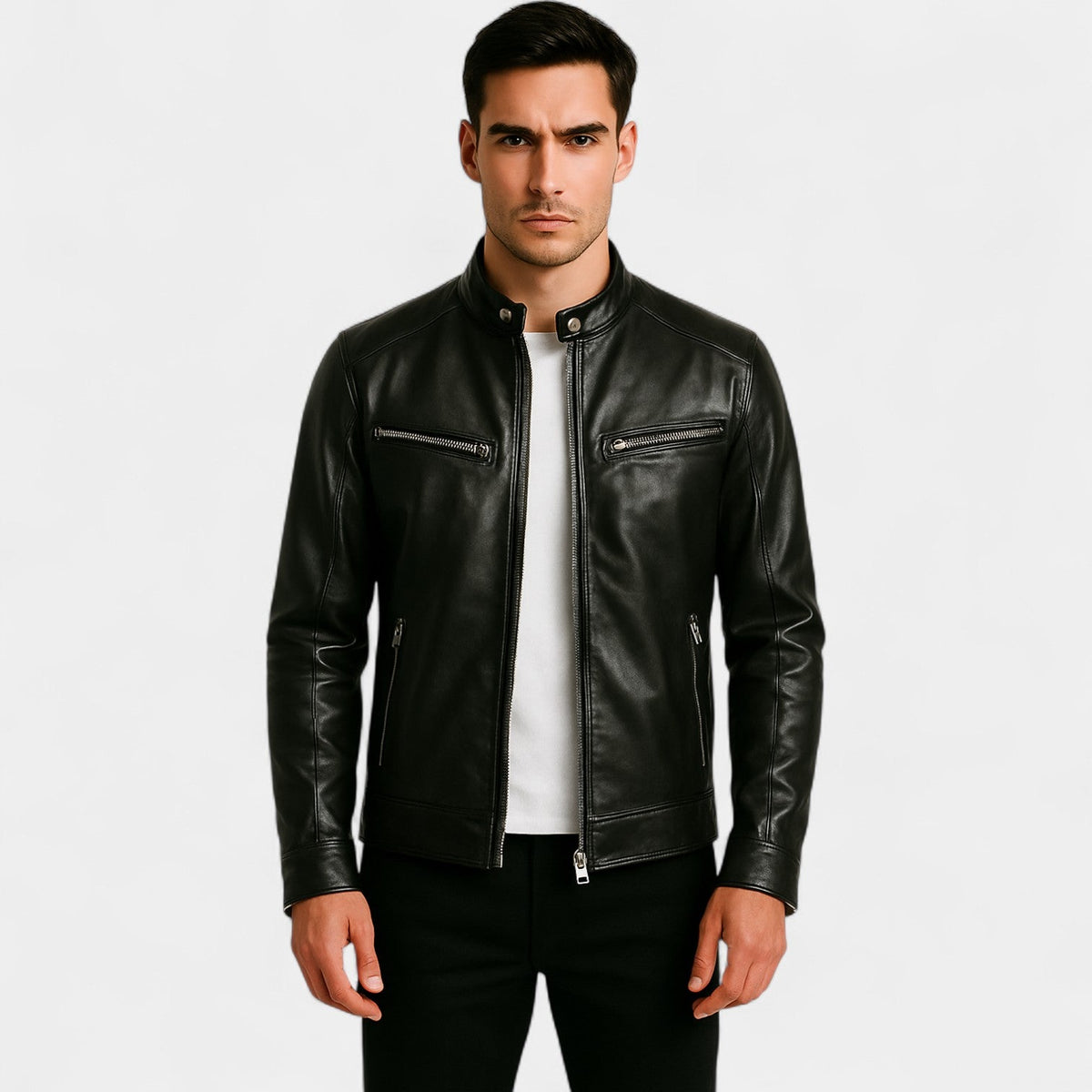 Men's Faux Leather Biker Jacket – Slim Stand Collar