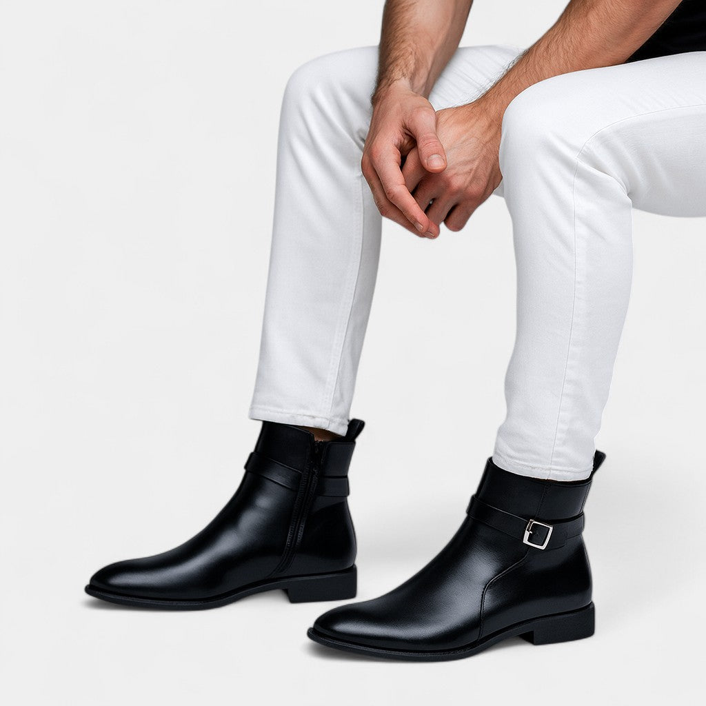 Men's Tall Faux Leather Boots – Side Zip Strap Detail