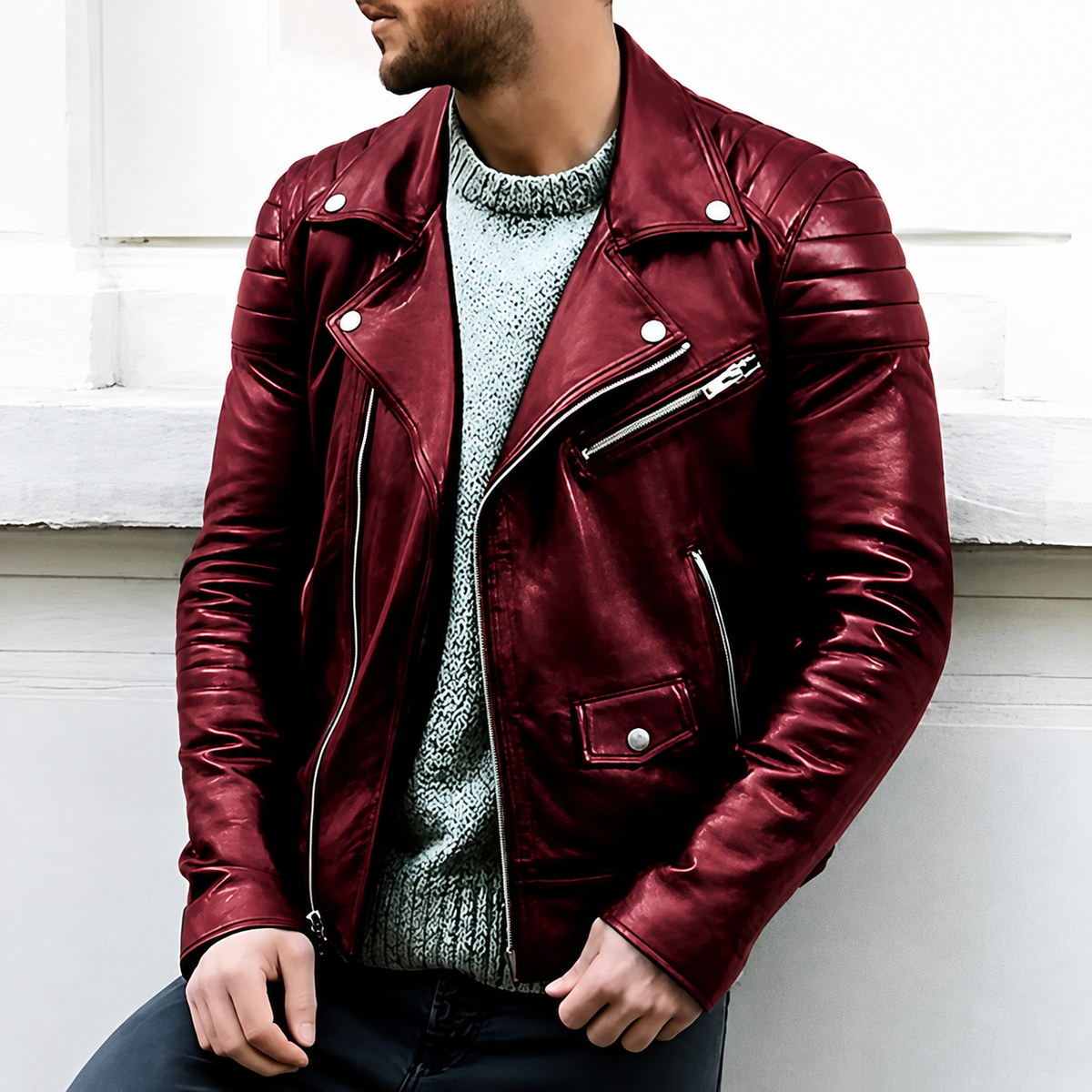Men's Faux Leather Biker Jacket – Stand Collar Relaxed Fit