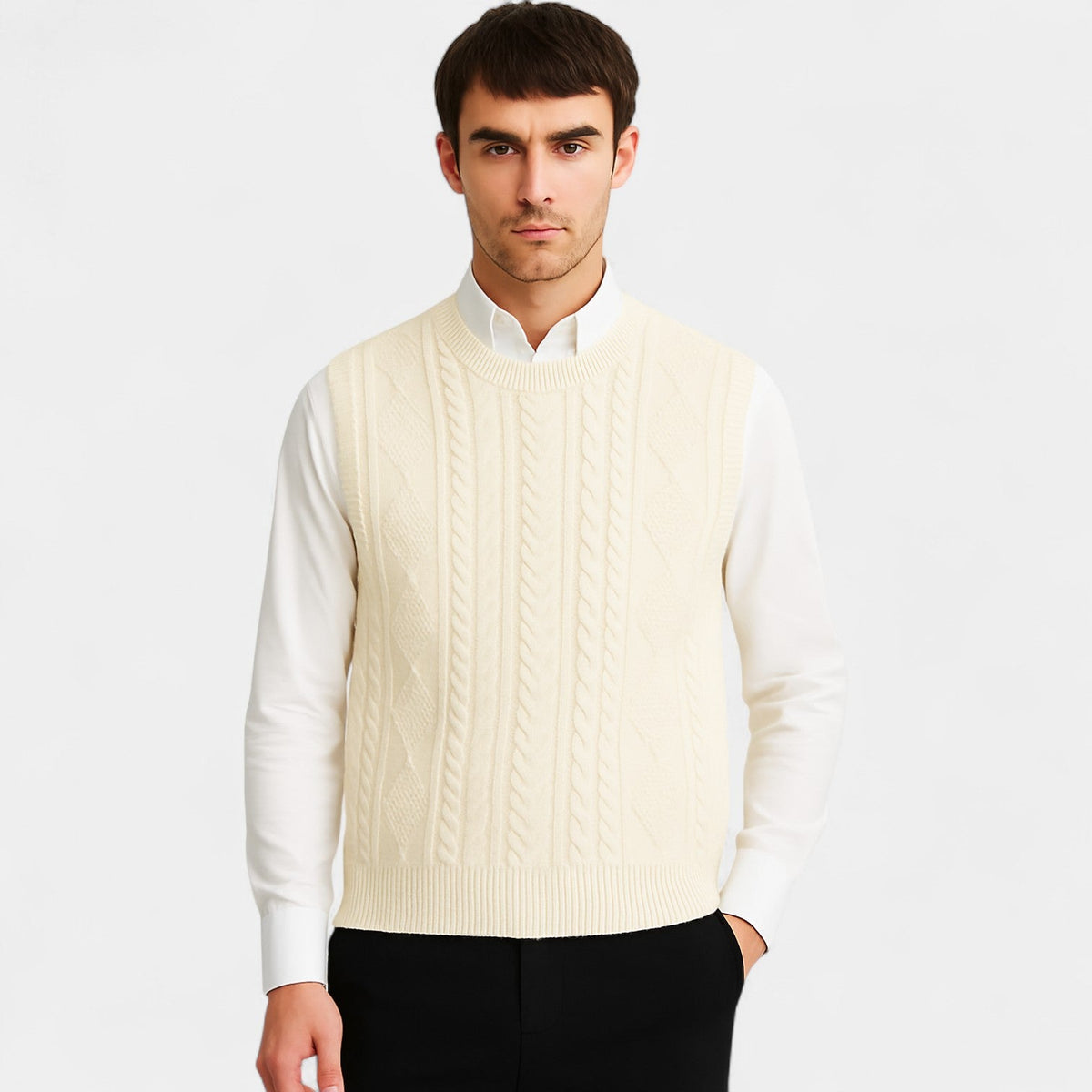 Men's Cable-Knit Sweater – Quarter-Button Henley Neck