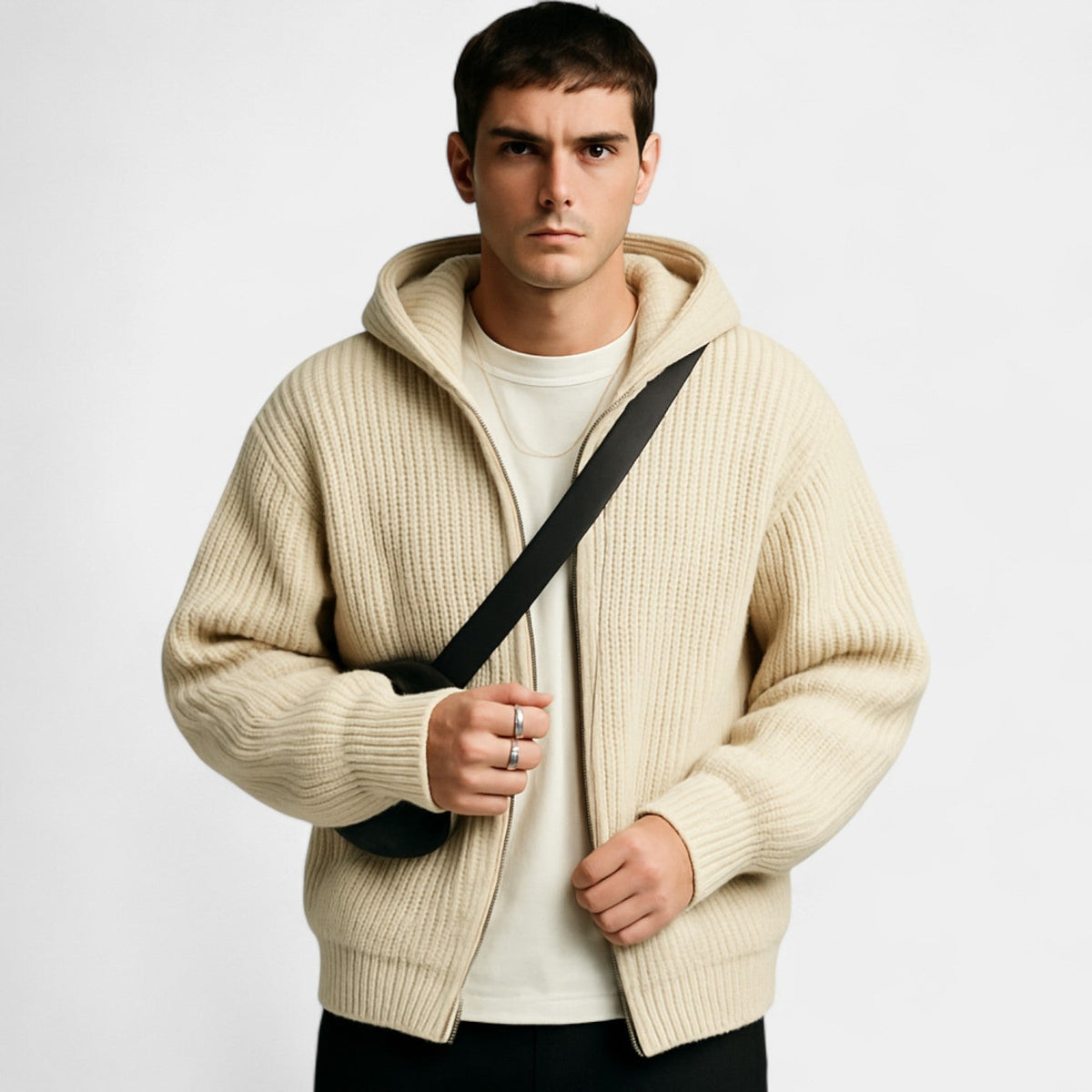 Men's Hooded Zip Cardigan – Fine Rib Knit