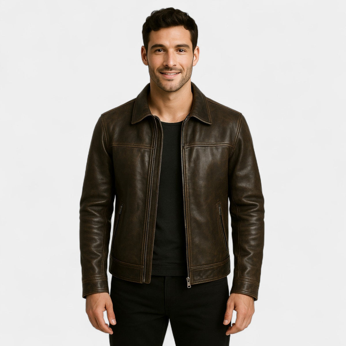 Men's Matte Cowhide Leather Jacket – Vintage Lapel Collar