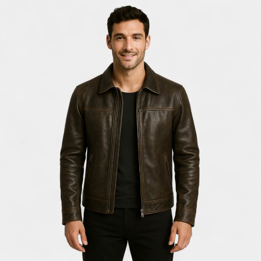 Men's Matte Cowhide Leather Jacket – Vintage Lapel Collar