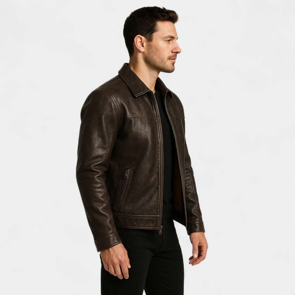 Men's Matte Cowhide Leather Jacket – Vintage Lapel Collar