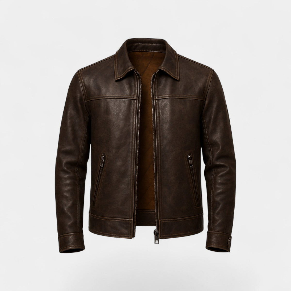 Men's Matte Cowhide Leather Jacket – Vintage Lapel Collar