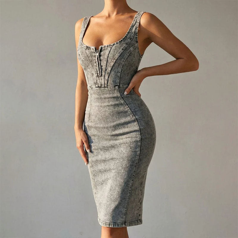 Women's Denim Bodycon Midi Dress – Zip-Front Scoop Neck