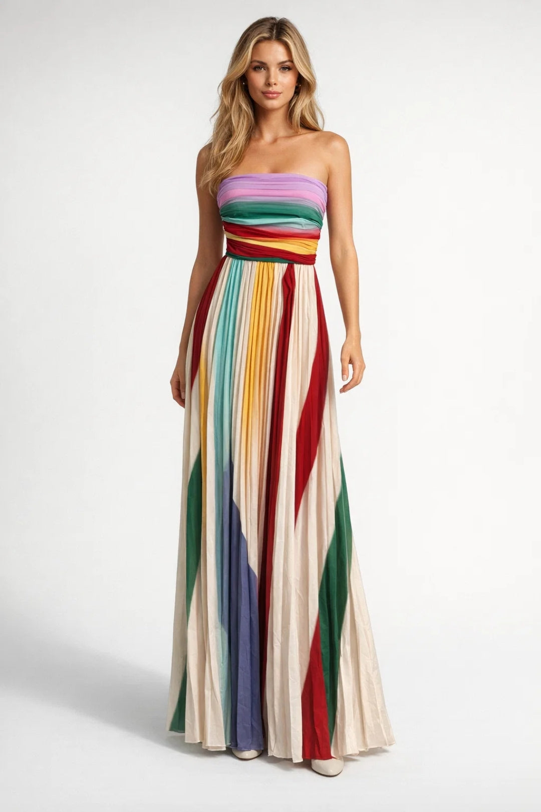 Women's Strapless Maxi Dress – Vertical Stripe Print