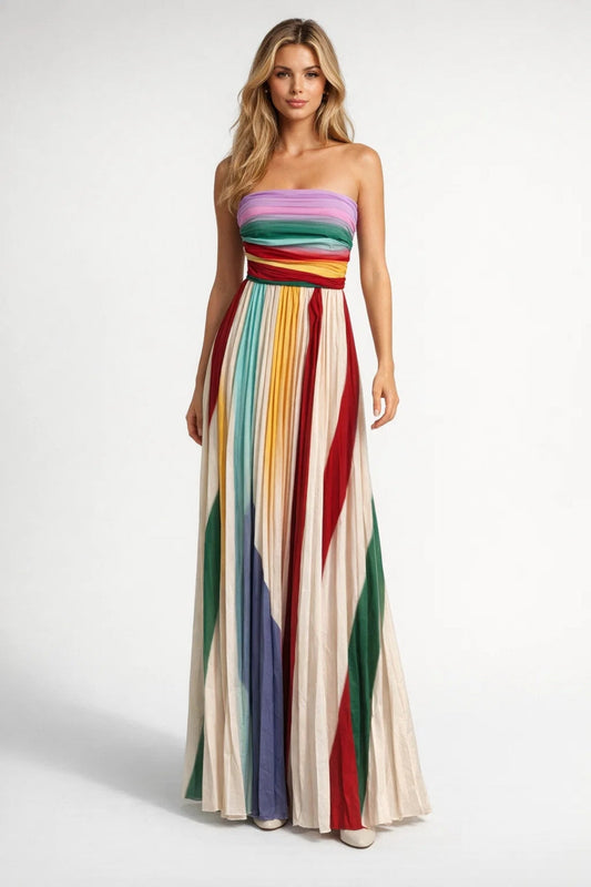 Women's Strapless Maxi Dress – Vertical Stripe Print