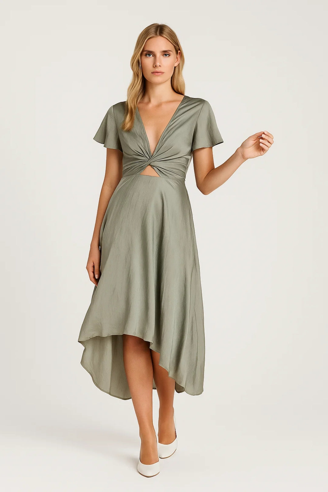 Women's Wrap Midi Dress – Asymmetric Hem, Tie Waist