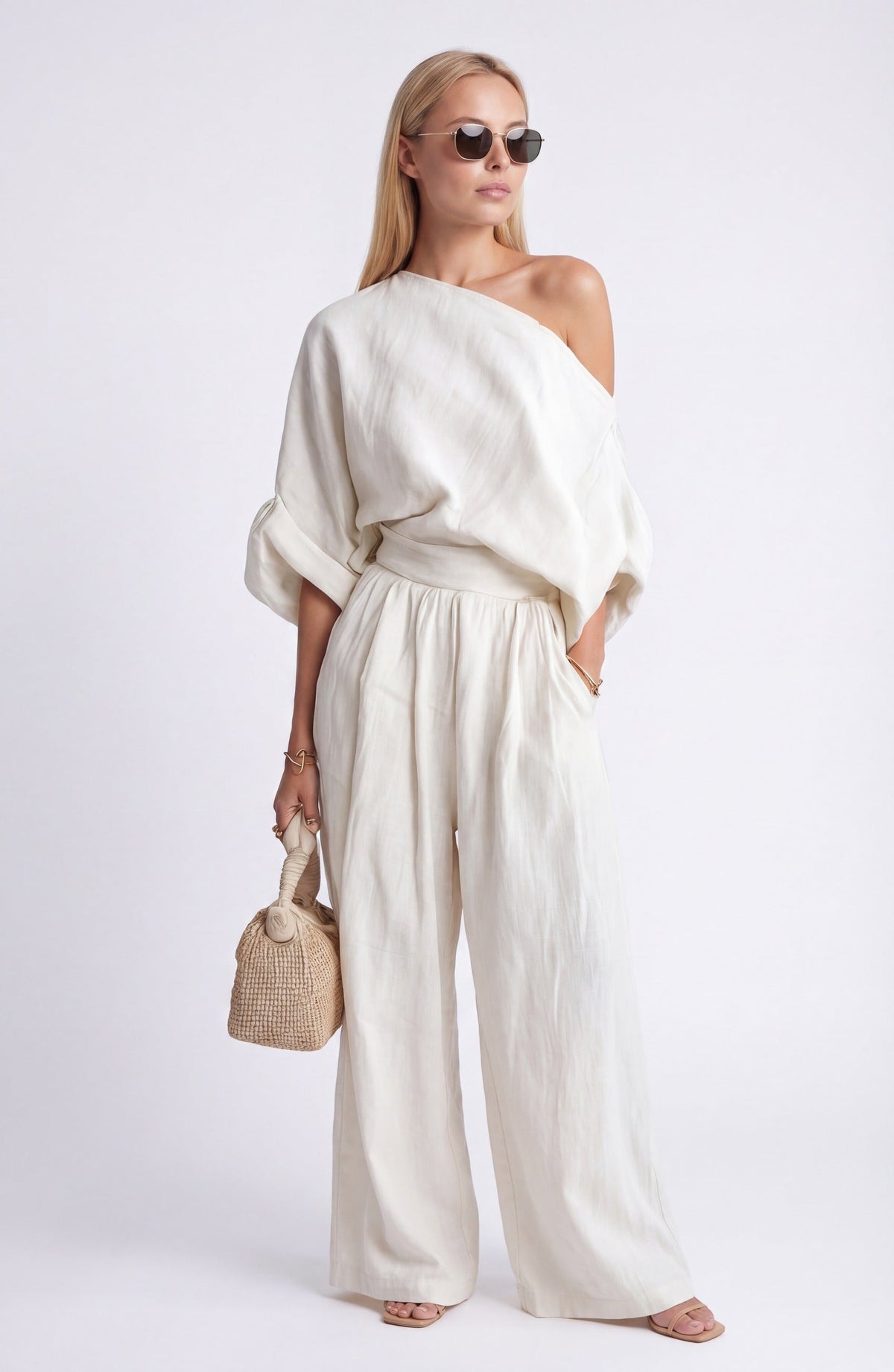 Women's Linen Two-Piece Set – Draped Blouse & Wide-Leg Pants